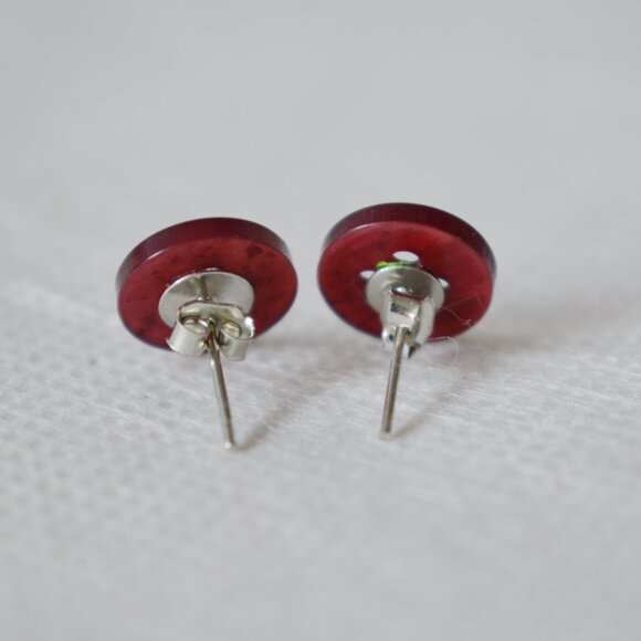 Burgundy Pink Button Stud Earrings - Picture 3 of 6